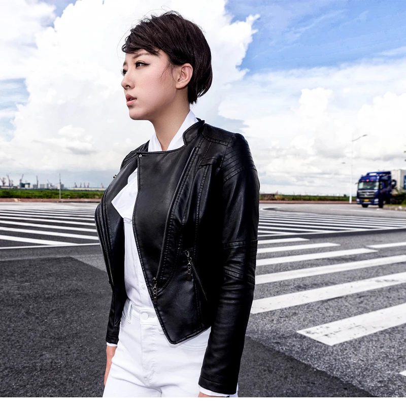 

2017 Ladies' Leather Jackets Black Short PU Faux Leather Stand Collar White Leather Fashion Coat Motorcycle Jackets 16B1619