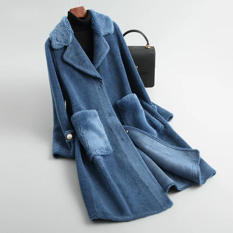 Blue Пальто из натурального меха, женская одежда, осень-зима, Длинная шерстяная куртка, красное корейское Женское пальто, манто для женщин, KQN19017 KJ2329 - Цвет: Blue