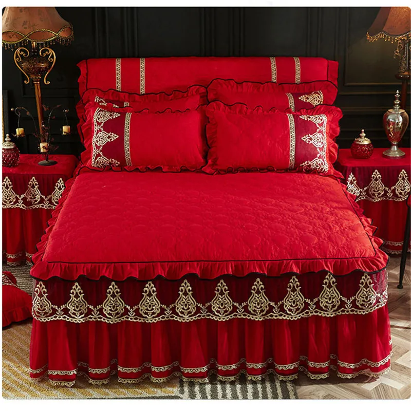 pure color 3pcs sanding cotton lace edge bedskirt free shipping thickened bedspreads European style high quality bedding set | Дом и сад