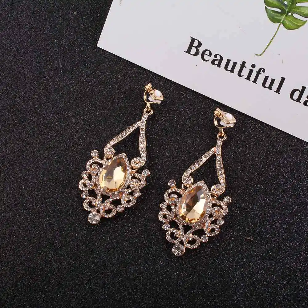 

JIOFREE luxury Crystal Long Clip on Earrings Without Piercing Shiny Bridal Wedding Jewelry for Women statement Brincos 2018
