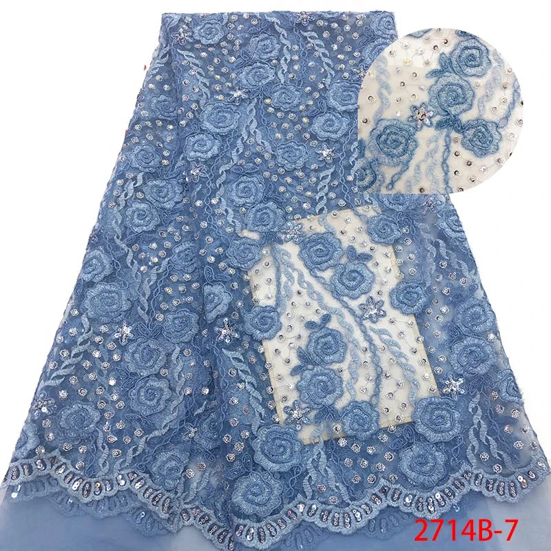 

Embroidery 3D Flowers Lace Fabrics Sky Blue Sequins Lace Fabric French African Tulle Mesh Net Lace for Wedding Party APW2714B-7