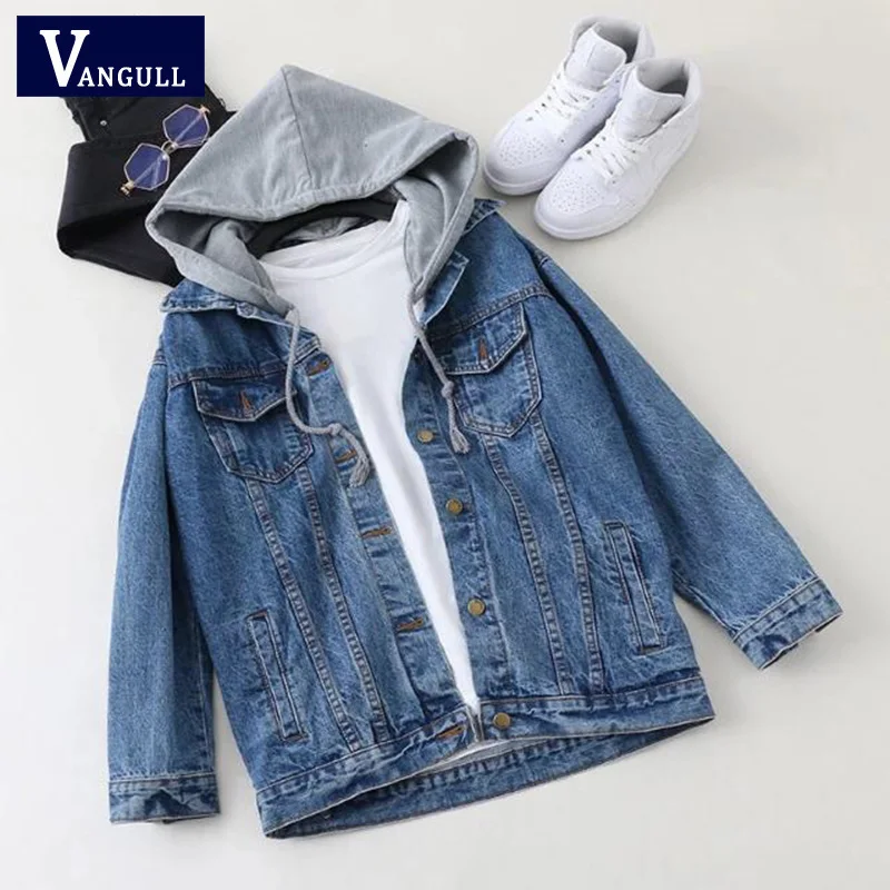 Vangull 2019 Autumn Women Hooded Drawstring Jean Jacket Boyfriend Pocket Coat Long Sleeve Single Breasted Denim Outerwear | Женская