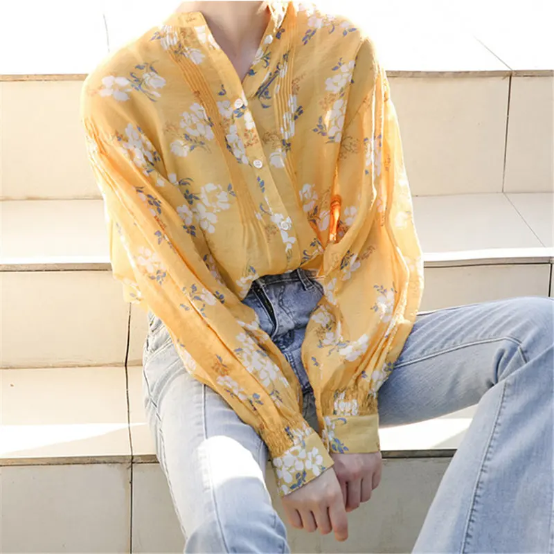 

Alien Kitty High Street Sweet Yellow Batwing Sleeves 2021 Autumn Brief Chic Loose Print Floral All Match Stylish Casual Shirts