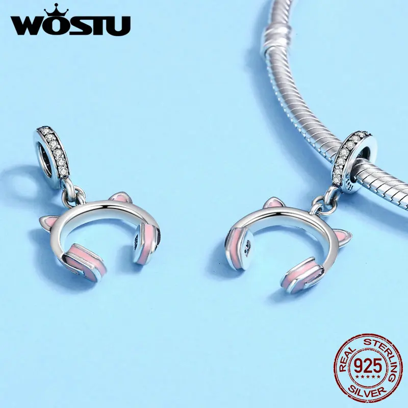 WOSTU, высокое качество, 925 пробы, серебряные, кошачьи наушники, Висячие, подвеска, шарм, подходит для женщин, браслет, сделай сам, бусины, ювелирное изделие CQC441