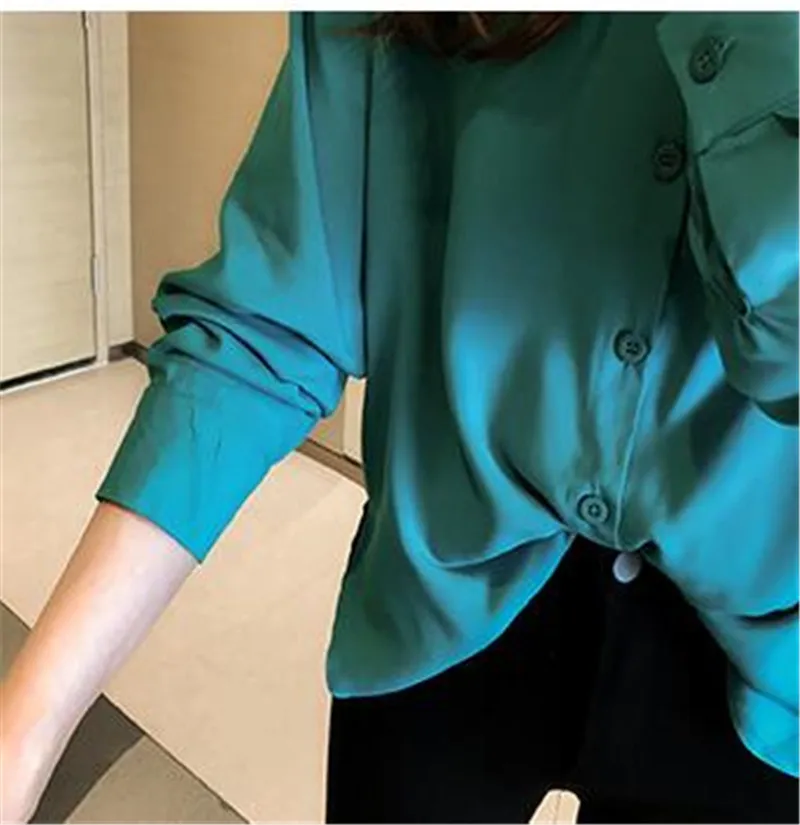 2019 Blusa женская блузка элегантная Красная Зеленая атласная рубашка с отложным