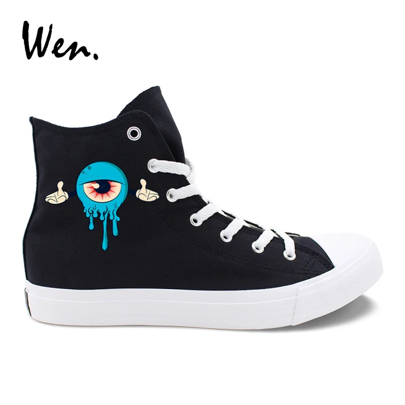 

Wen Sneakers Mens High Top Women Plimsolls Design Blue Eyeballs Shoes Black Canvas High Ankle Vulcanize Shoes Lacing Trainers