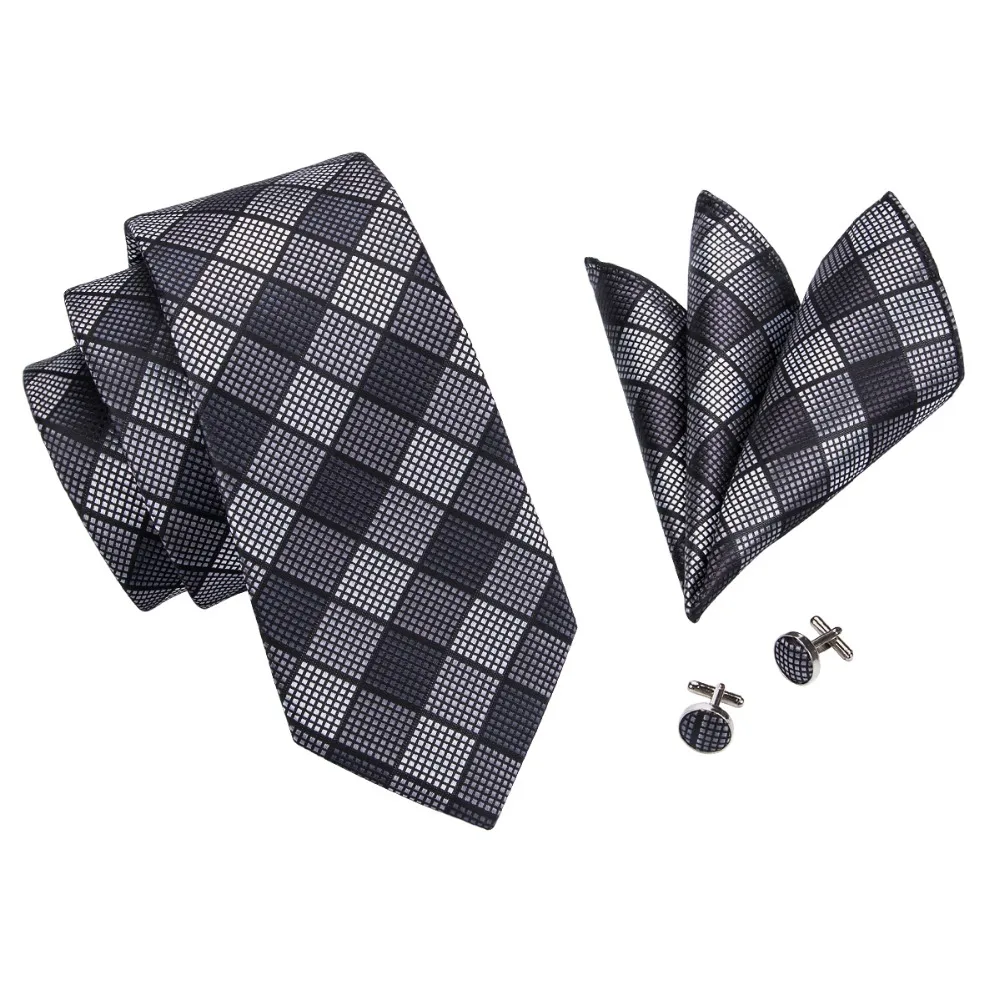 Мужской галстук модный черно-белый клетчатый Шелковый тканевый Hanky Cufflink набор
