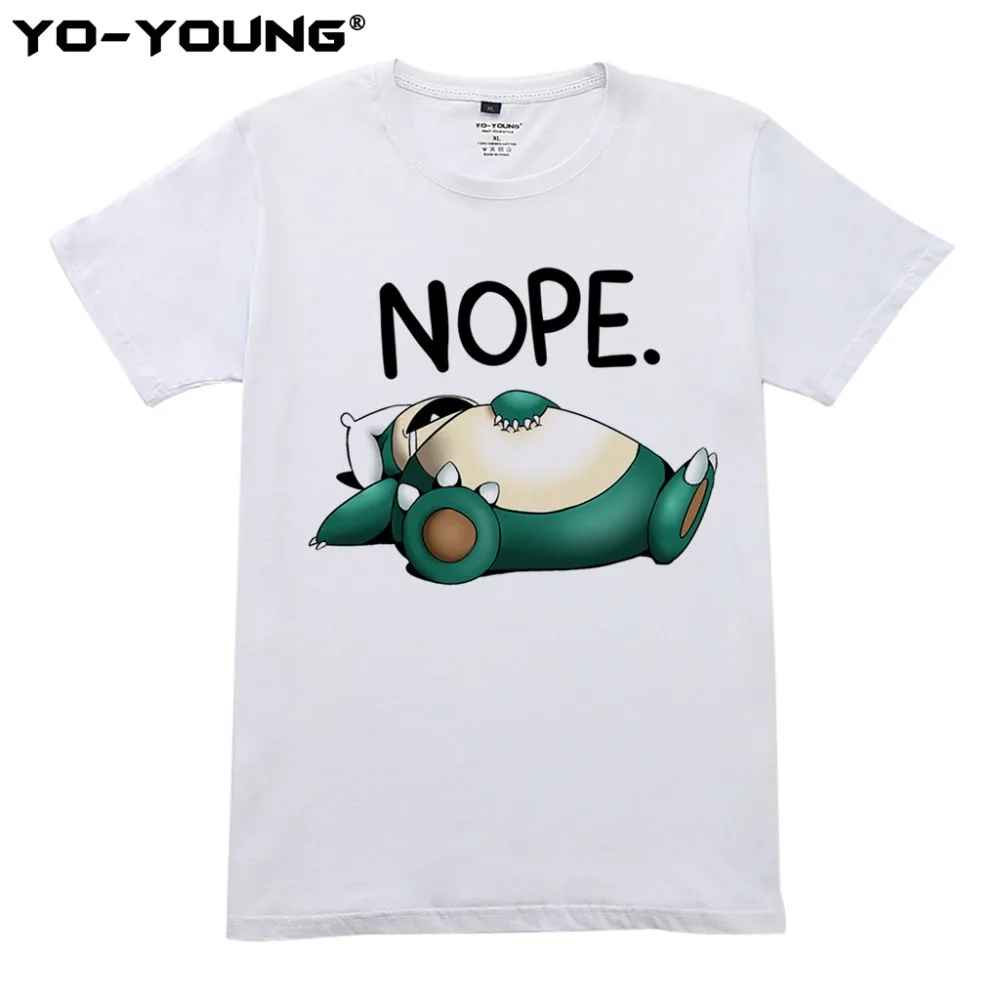 Yo Young мужские футболки Покемон Snorlax Nope смешные цифровая печать 100% чесаный хлопок