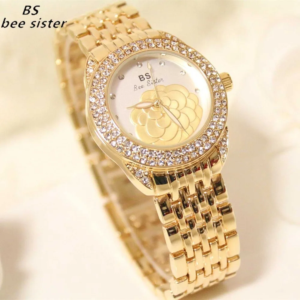 Часы BS брендовые Роскошные модные с бриллиантами кварцевые золотые женские