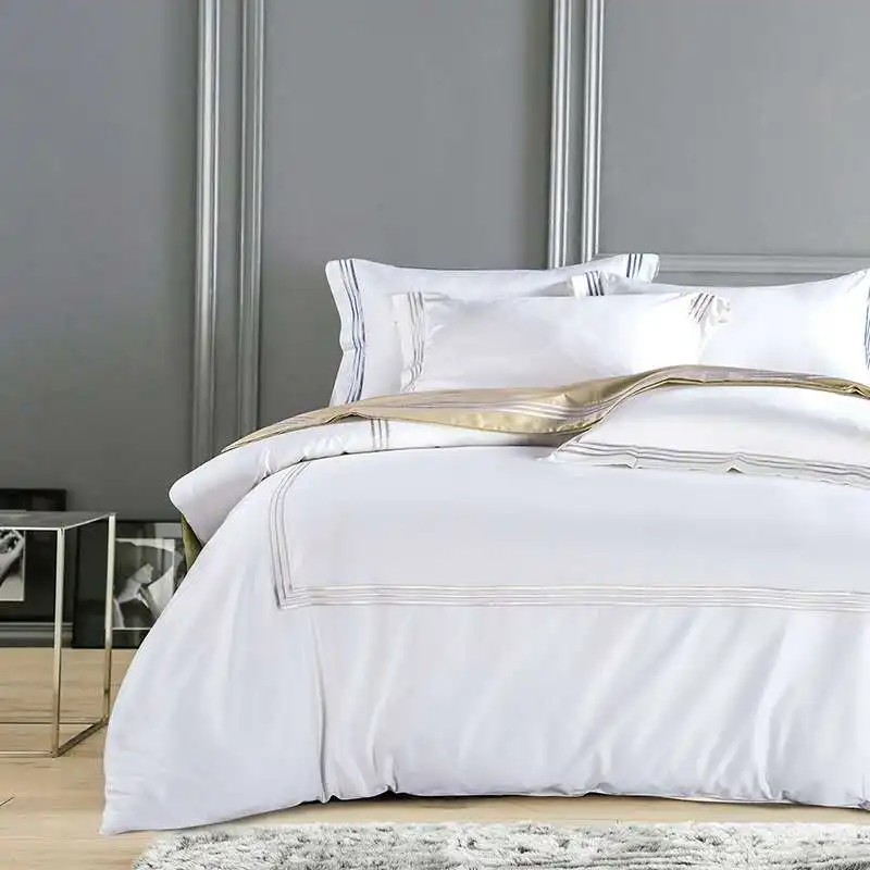

Pure White Luxury Hotel Bedding sets King Queen size Silver Gold Embroidery Duvet cover Cotton Bed sheet linen set Pillow cover