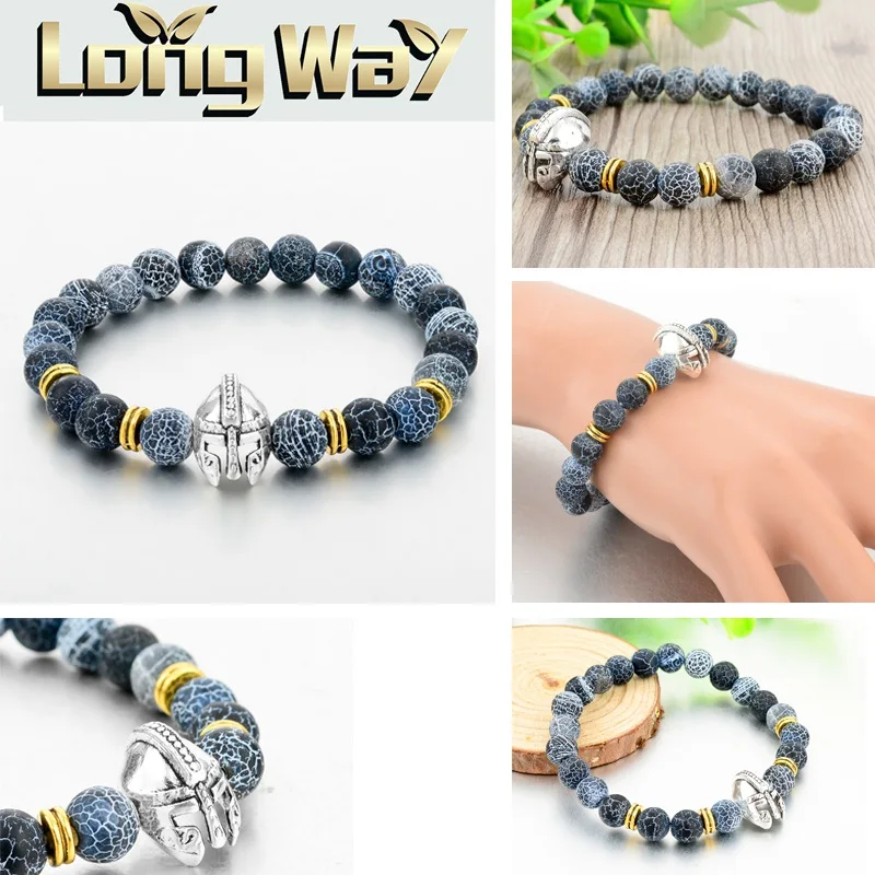 Wholesale Silver Color Roman Warrior Gladiator Helmet Bracelet Best Design Fashion Natural Stone Men Bracelets SBR160179 | Украшения и