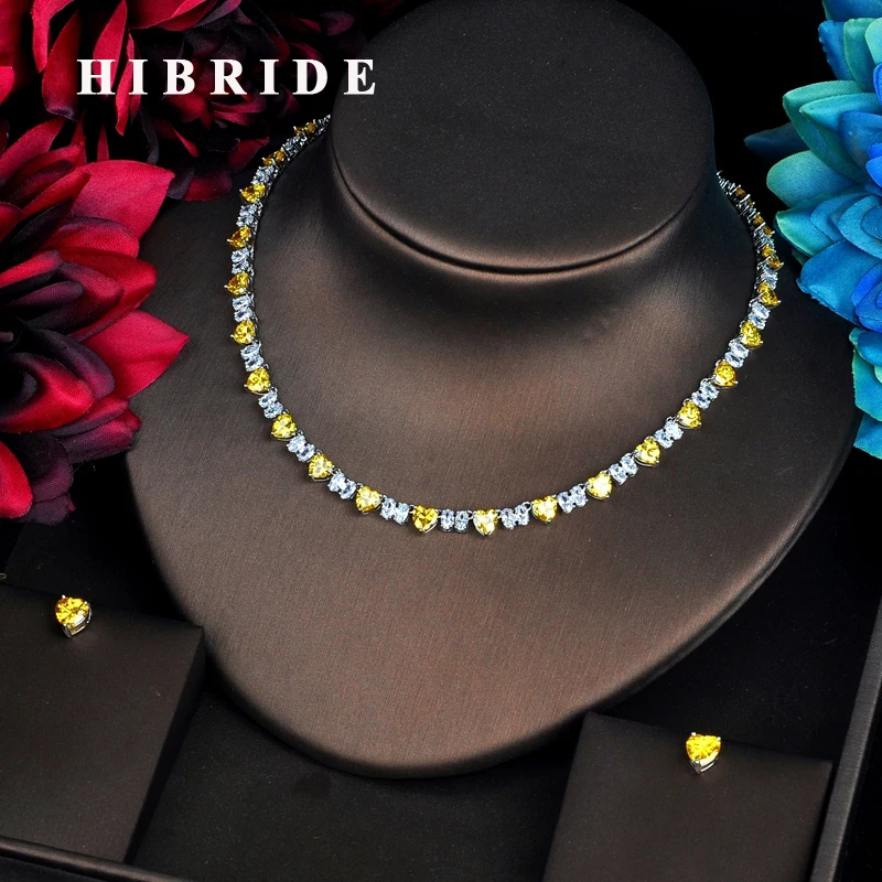 

HIBRIDE Fashion Hear Shape Jewelry sets For Women Accessories Yellow CZ Stone Necklace Set Bridal Jewelry Gift Bijoux N-567