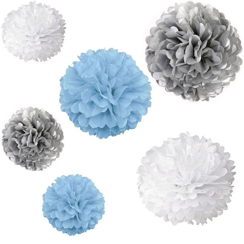 

24xNEW mix sizes baby boy BLUE SILVER WHITE tissue paper flowers bunting pom poms wedding party wall hanging decorative flower
