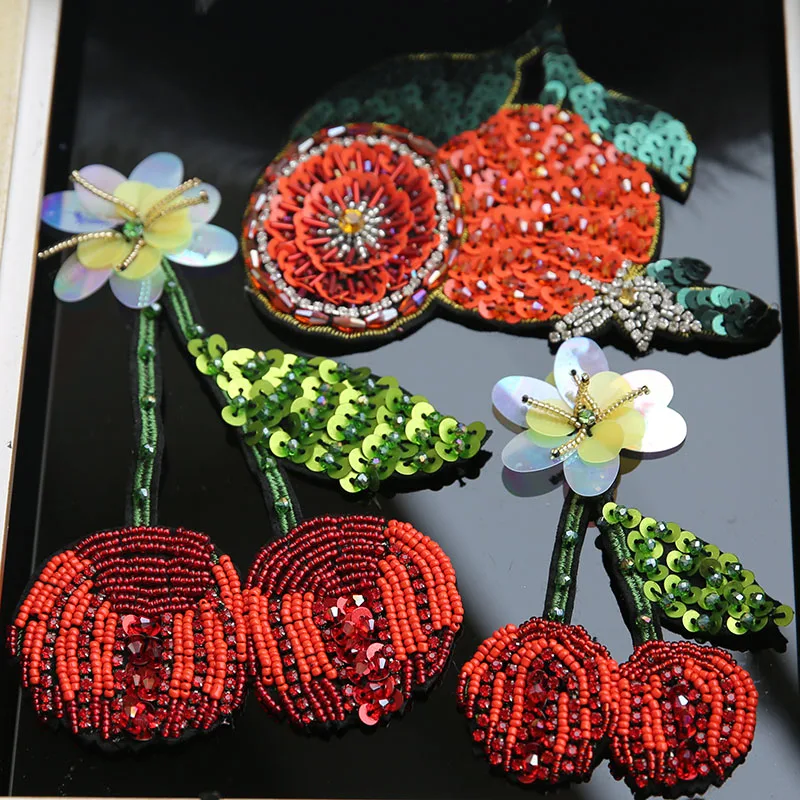 3D ручной работы вишневого оранжевого цвета нашивки со стразами и бисером для