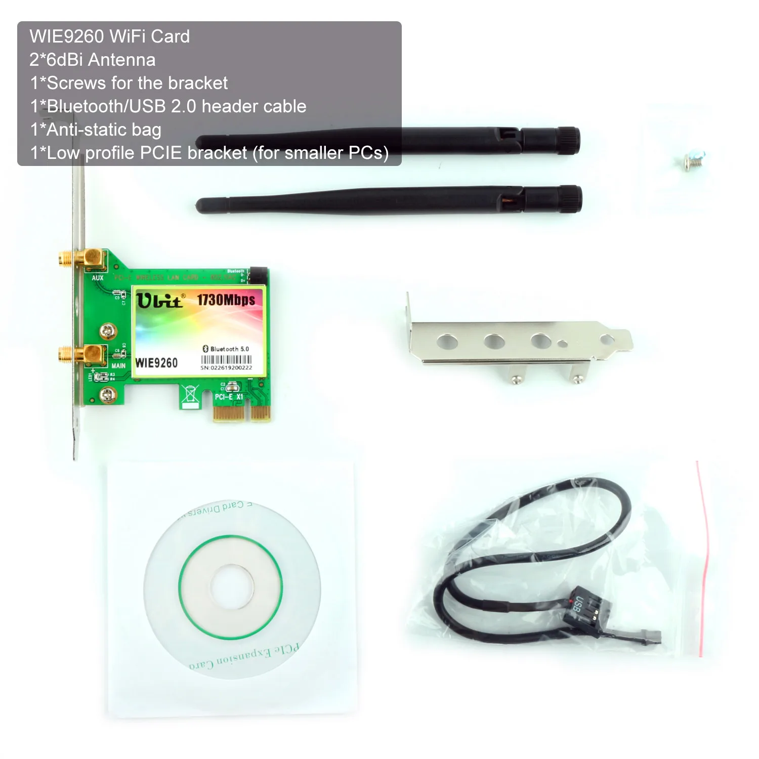 Ubit 9260 WiFi карта, 1730 Мбит/с, Bluetooth 5,0 Двухдиапазонная беспроводная сетевая карта, PCIe адаптер, PCI-E Беспроводная для настольного ПК