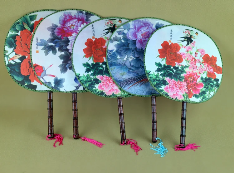 

100pcs Large Ethnic Personalized Silk Hand Fans Handle Round Chinese Dance Costume Decorative 3d Print Women Wedding Favors
