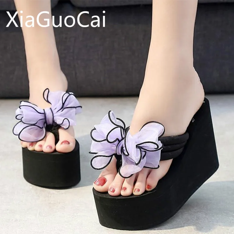 

Шлепанцы женские, летние, противоскользящие, на платформе, с бантом и цветком