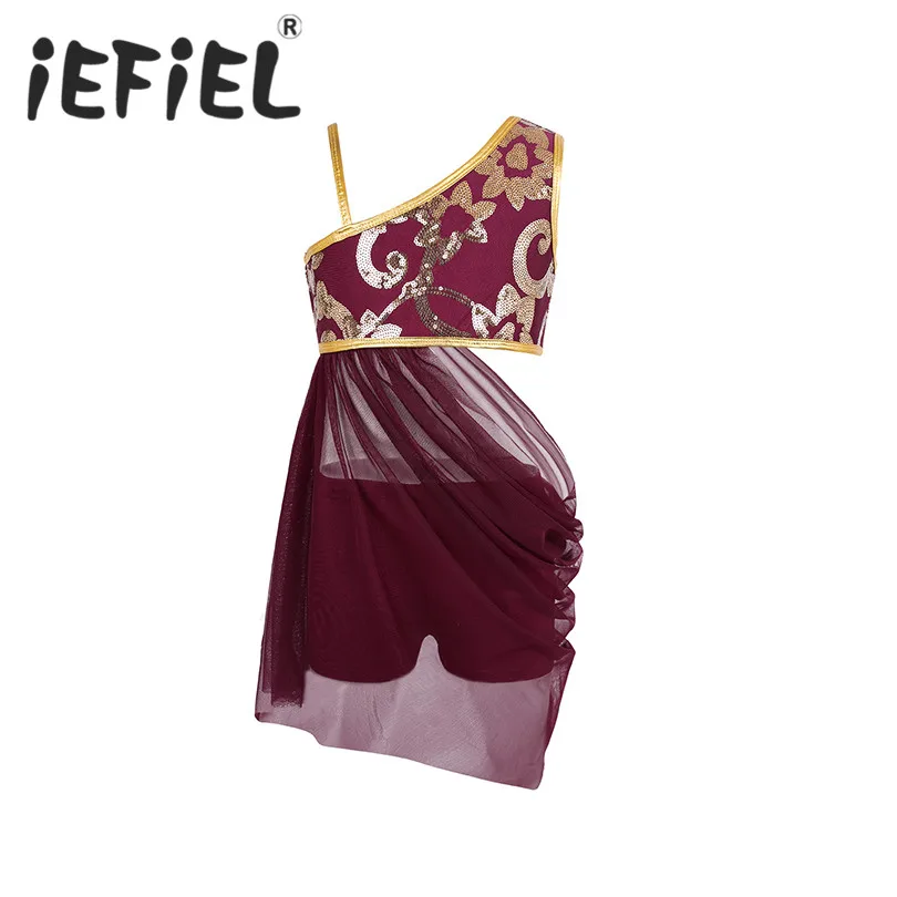 iEFiEL Girls Children Kids Ballet Gymnastic Performance One-shoulder Floral Sequins Dress for Lyrical Modern Contemporary Dance |