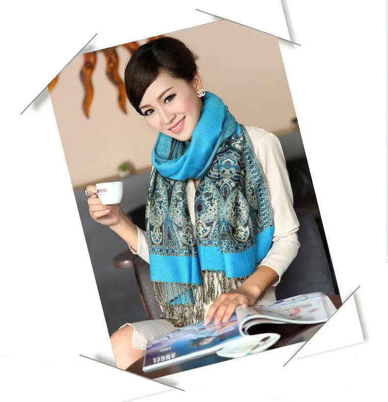 Хит продаж синие пашмины 100% кашемир женские шарфы пейсли цветочный стиль