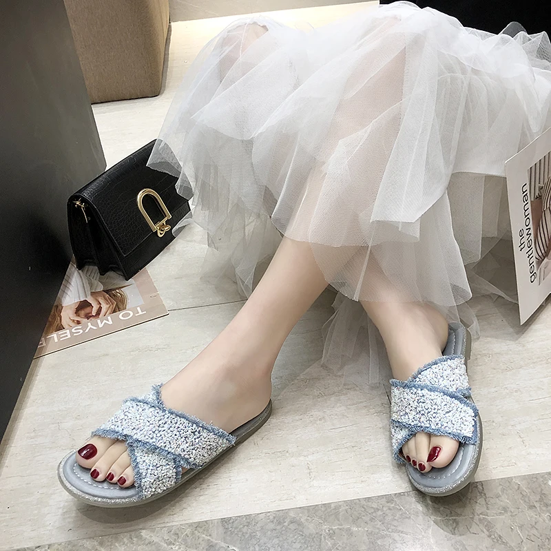 Женские шлепанцы с блестками BeautyFeet повседневные мягкие сланцы на плоской