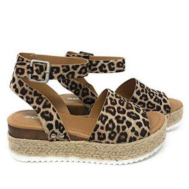 Leopard Базовые Босоножки на платформе; летние женские босоножки с ремешком на щиколотке; летние модные босоножки на танкетке; повседневная обувь; Вьетнамки; Zapatos De Mujer - Цвет: Leopard