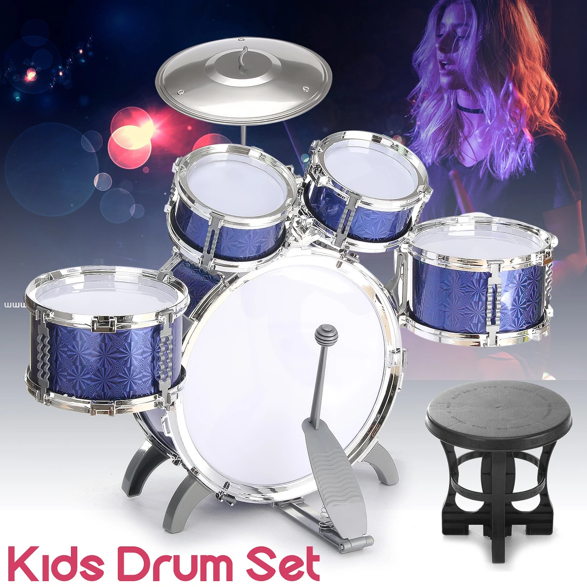 Синий Drum Set Комплект Детские музыкальные развивающие инструмент с табурета палочки тарелки подарок перкуссий подарок для детей