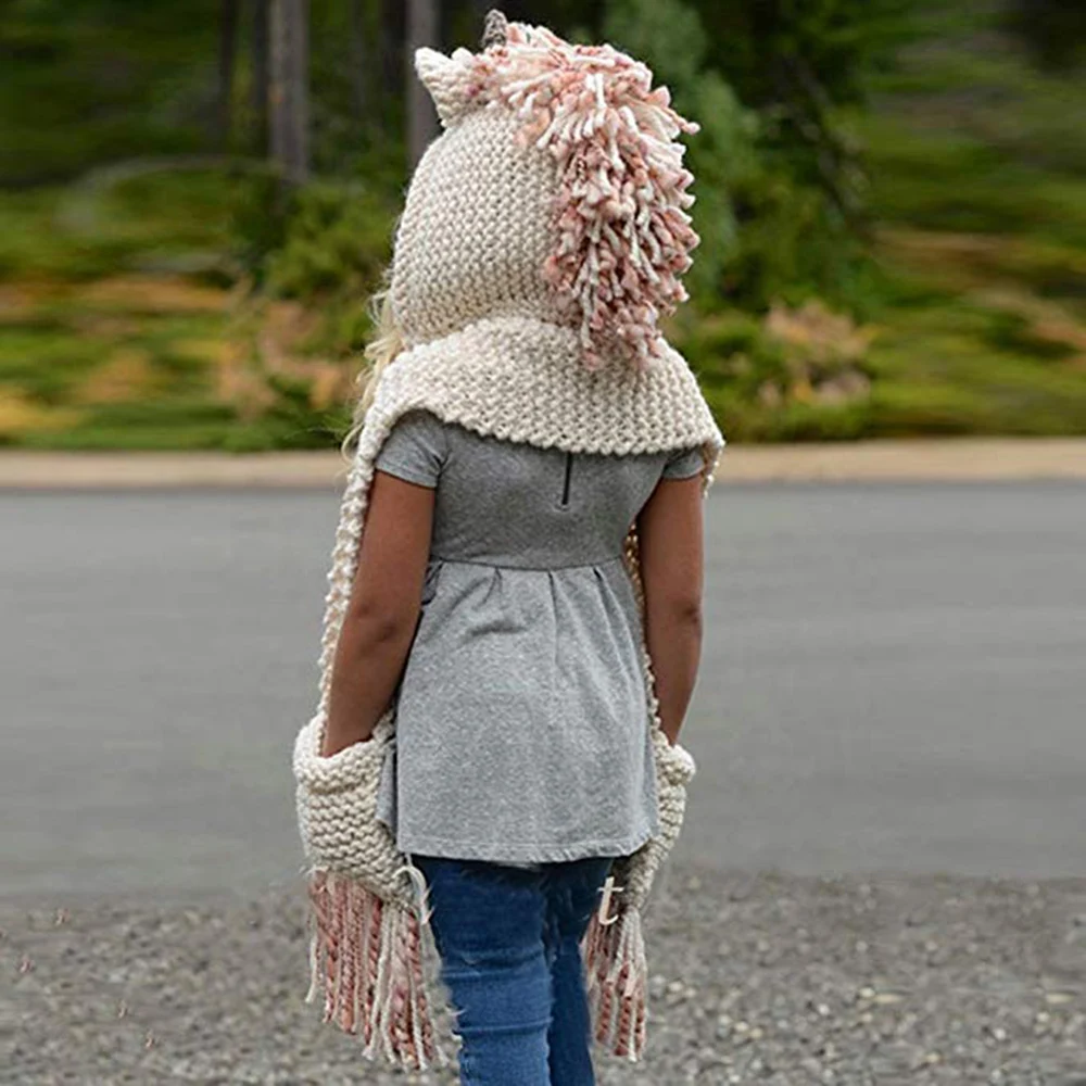 Fashion 3-10 Years Girls Unicorn Scarf Handmade Kid Winter Hat Wrap Caps Cute Autumn Warm Children Wool Knitted Scarves |
