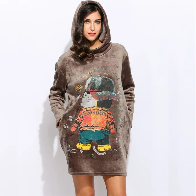 Casual Women Loose Long Sleeve Hooded Cartoon Printing Lint Dress | Женская одежда