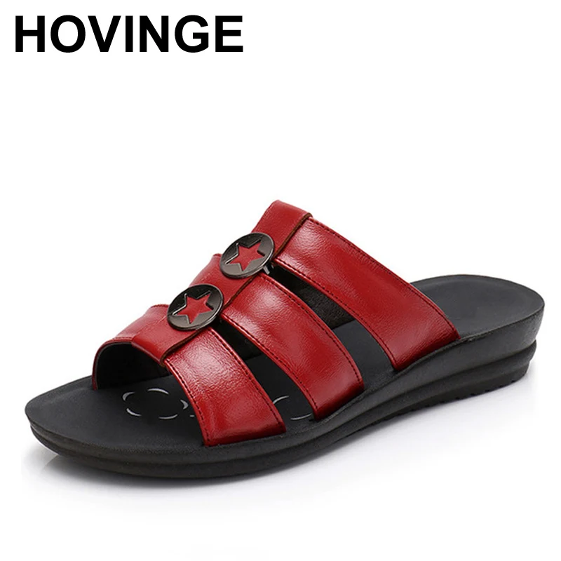 

HOVINGE Women Summer Slippers Genuine Leather women wedges sandals slip-on round toe summer shoes woman comfortable sandals
