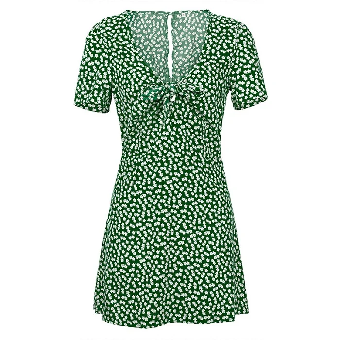 Зеленый Sexy Summer Polka Dot Boho Dress Women V-Neck Short Sleeve Mini Dress Front Bow Beach Dress Robe - Цвет: Зеленый