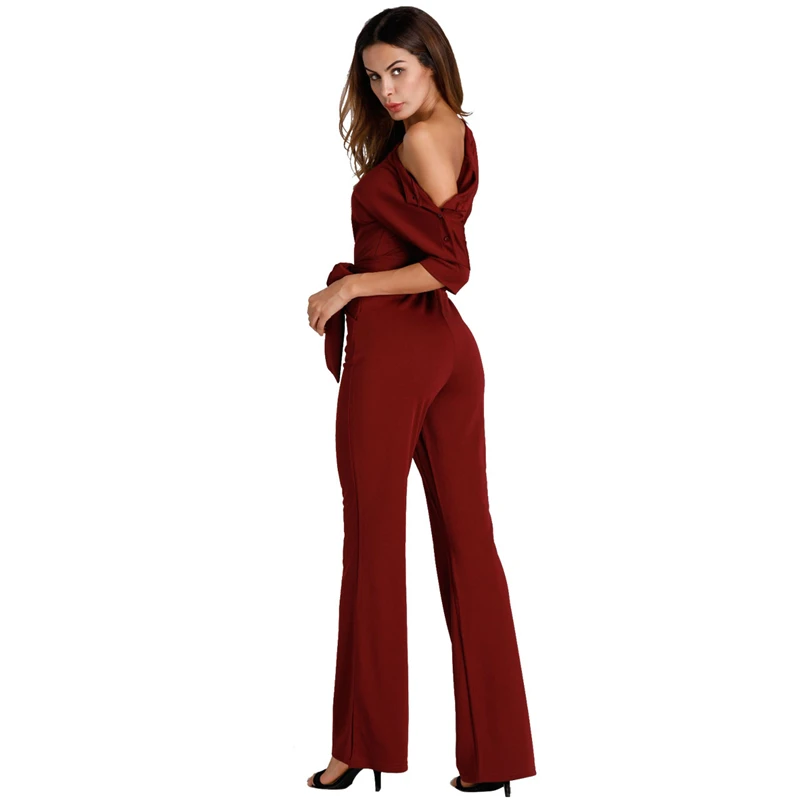 

Adogirl Hot Sale Solid Off Shoulder Loose Jumpsuits Buttons Up Half Sleeve Sashes Wide Leg One Piece Pants Women Rompers Overall
