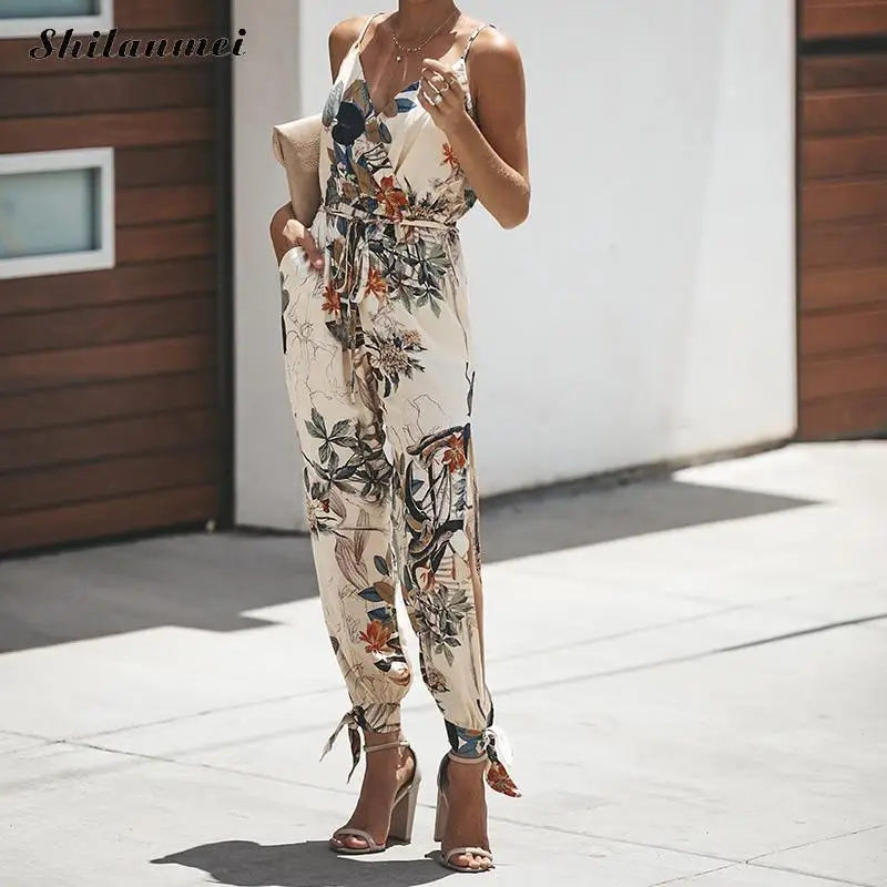 

Bohemia Floral Printed Women V-Neck Sleeveless Loose Long Jumpsuit Playsuit Side Slit Cotton Casual Bodysuit Party Jumpsuit
