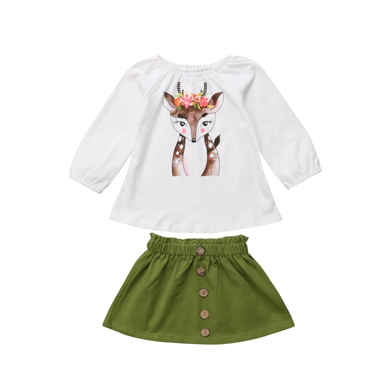 

2 Pieces New Toddler Kids Baby Girls Xmas Deer Tops and Blouse Skirts Outfits Clothes Cartoon Casual