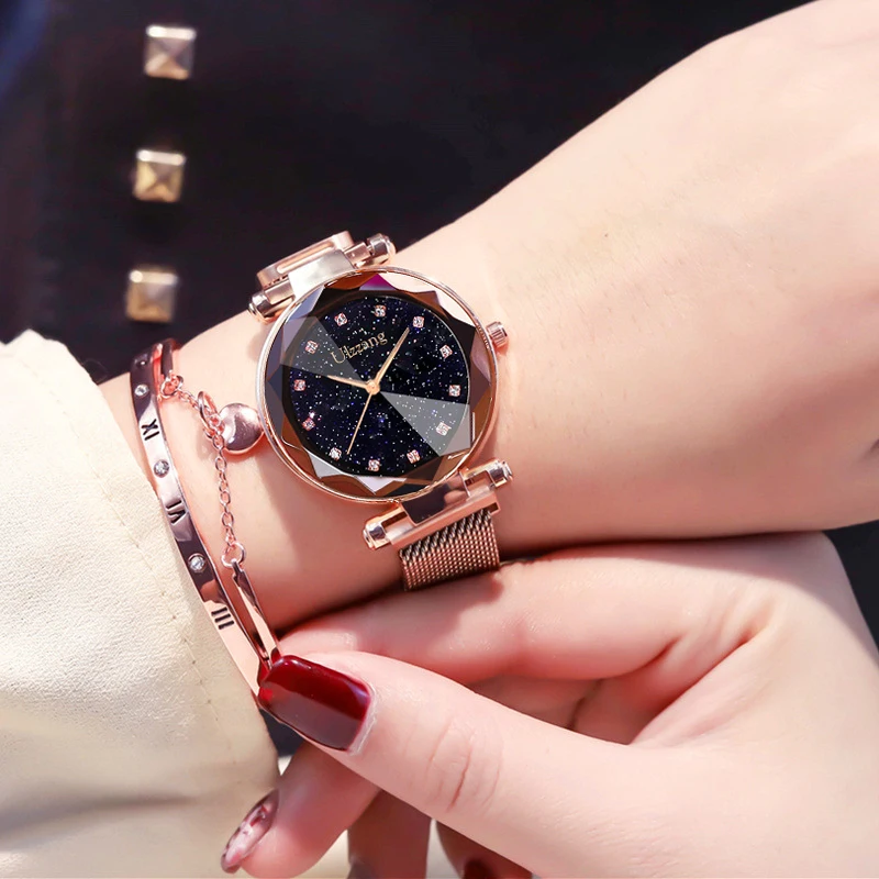 Модные стильные женские часы со стразами розовое золото с легкой магнитной