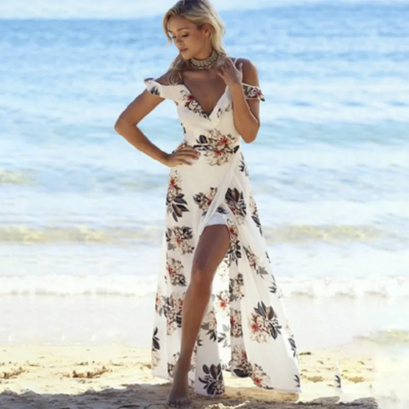 

Summer Maxi Dress Women Tunic Long Beach White Vestidos Verano 2021 Casual Off Shoulder Floral Boho Sundress Backless Dress