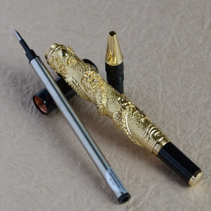 Роликовая шариковая ручка JINHAO 41 золотистая с драгоценным чеканка Хрустальная