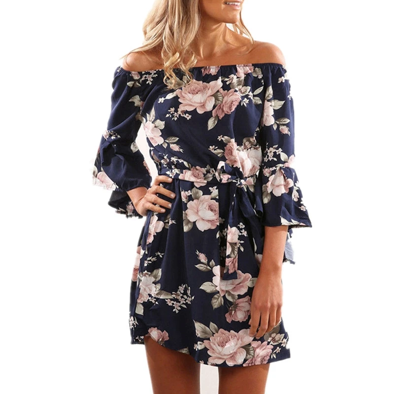 Мода 2017 г. Boho Cold Shoulder Flare рукавом Платье с цветочным принтом поясом Для женщин