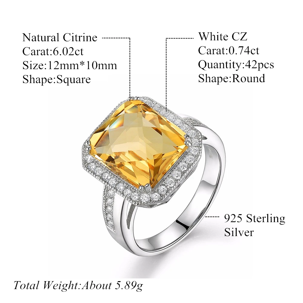 L&ampzuan S925 Sterling Silver Jewelry Ring Natural 6.02ct Citrine Yellow Luxury Square Gemstone Rings For Woman Christmas Gift | Украшения