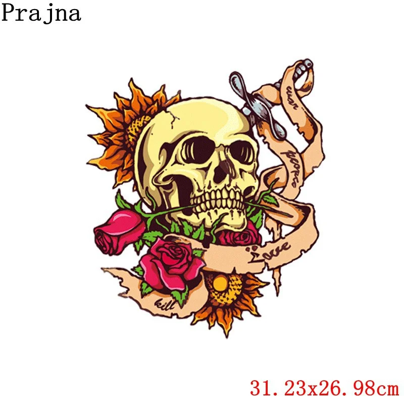 Brown Prajna панк череп нашивки в виде Розы Сделай Сам термопереводные виниловые термонаклейки утюжок на одежду футболка - Color: Brown