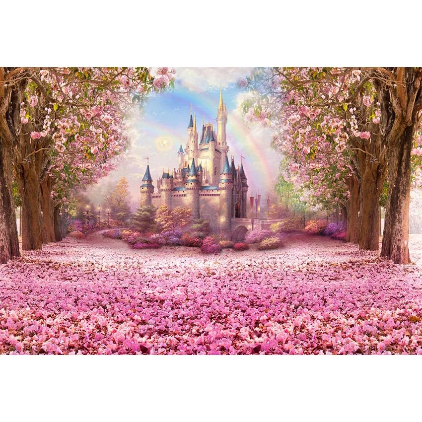 

Castle Photo Background Wedding Digital Printed Pink Flowers Petals Fairy Tale Photography Backdrops Photocall Wedding Backdrop