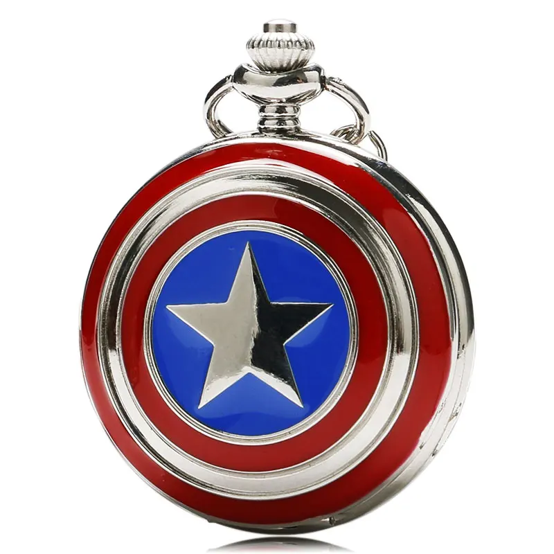 Vintage Movie Roles Thick Pendant Silver Necklace Quartz Pocket Watch Unisex Captain America Avengers Shield Men Watches Gift | Наручные