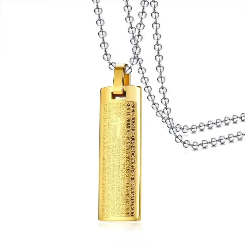 Gold Beads Chain Vnox, гравированный крест, Библейский кулон для женщин и мужчин, цельная нержавеющая сталь, унисекс, Христос, молитва, ювелирные изделия с 2" /24" звеньями/бусинами, цепочка - Окраска металла: Gold Beads Chain