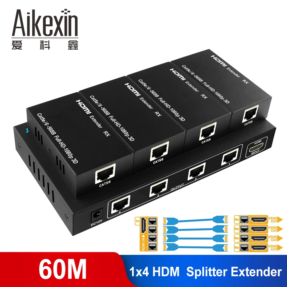 Aikexin 1080P 1x4 4 порта HDMI расширитель разветвитель по CAT5e/CAT6 LAN Ethernet кабель футов 60 м 1 к