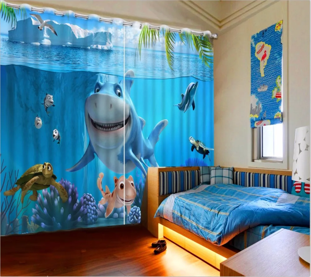 Современные занавески для детской комнаты 3D фото печать с изображением акулы