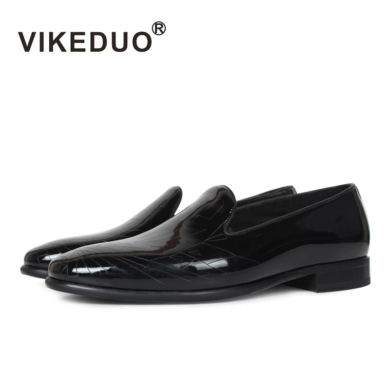 

VIKEDUO Hot Black Patent Leather Loafers Shoes For Men Engraving Slip-On Mans Footwear Casual Luxury Brand Handmade Men's Shoes