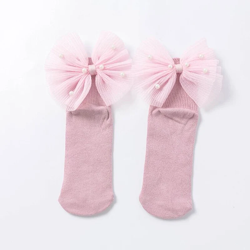 Pink Beads Bow Носки для маленьких девочек с бантиками; милые кружевные носки принцессы для девочек; носок с оборками; хлопковые носки для малышей; летние детские носки - Color: Pink Beads Bow