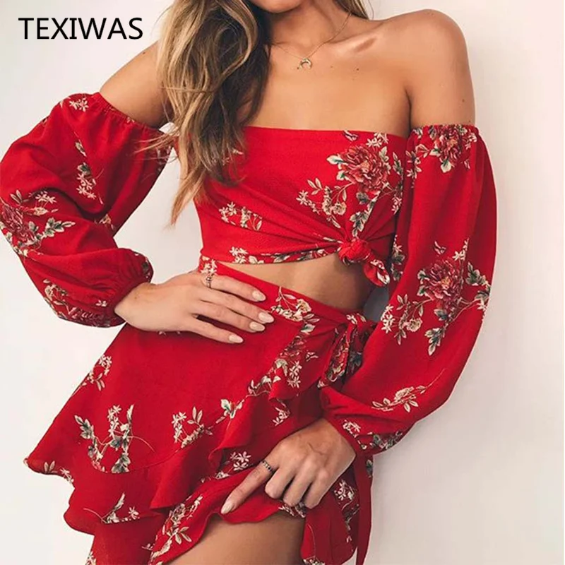 TEXIWAS New Tiered Frill Gingham Flower print Off Shoulder Top With Short skirt Summer Ruffle irregular belt Women 2 Piece Sets |