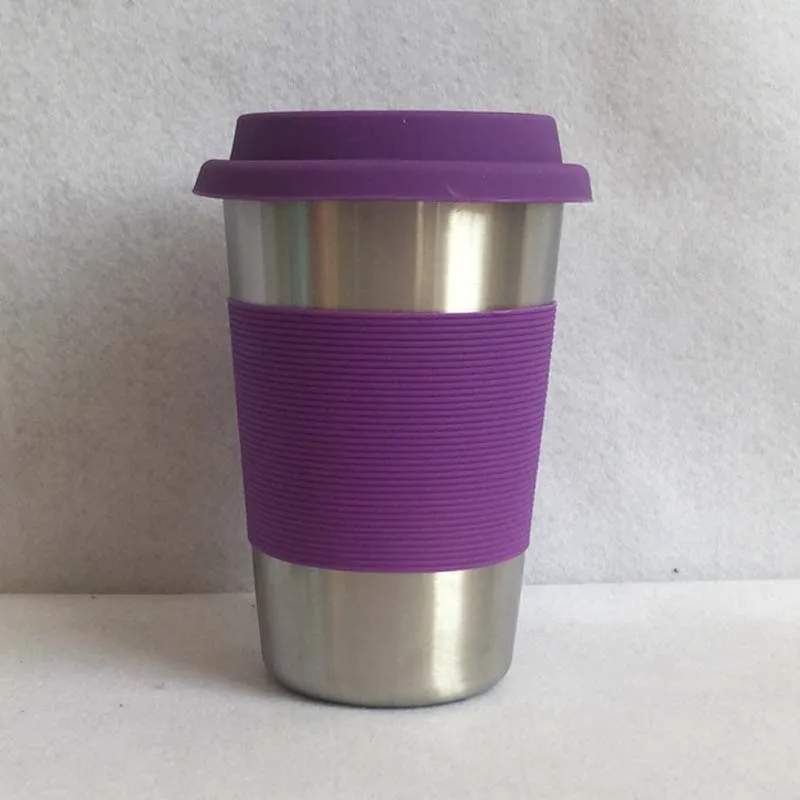 Purple Stainless Cup 500 мл портативная практическая многоразовая нержавеющая сталь силиконовая крышка кофейные чашки Экологичные Нескользящие Дорожные Кружки Полезная чашка для вина - Цвет: Purple Stainless Cup