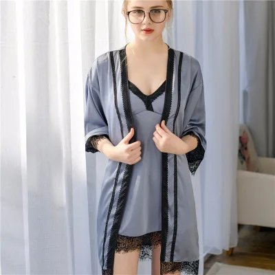 Лидер продаж Для женщин шелковый халат комплект элегантный кружевной и Ночная