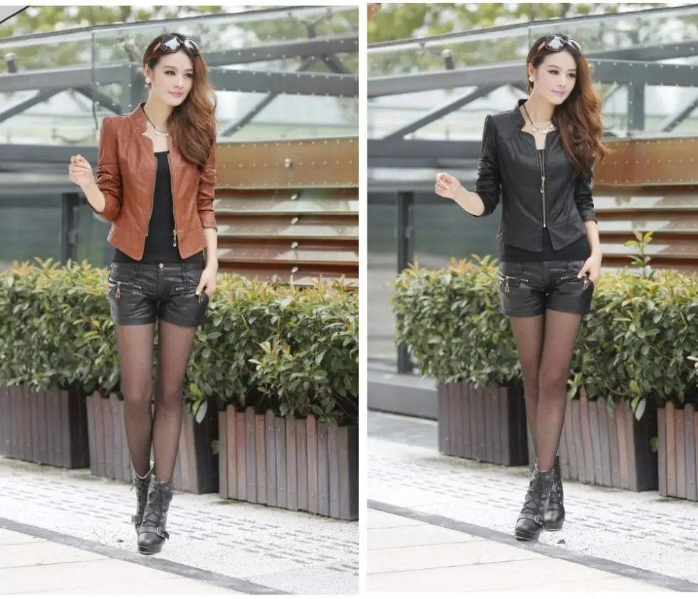 Укороченная кожаная куртка на молнии с длинным рукавом|leather jacket coat|leather pu jacketleather